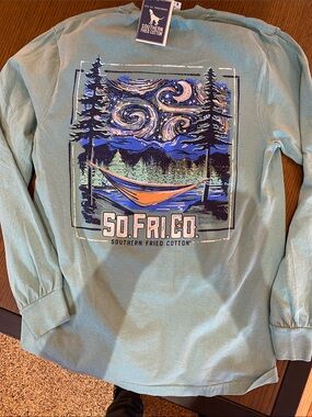 Southern Fried Cotton Teal Long Sleeve Tee with Night Hammock Graphic